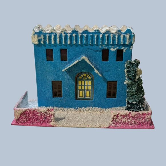 Vintage 1950s Christmas Japanese Putz House Blue Cardboard Town Hall - Picture 1 of 4